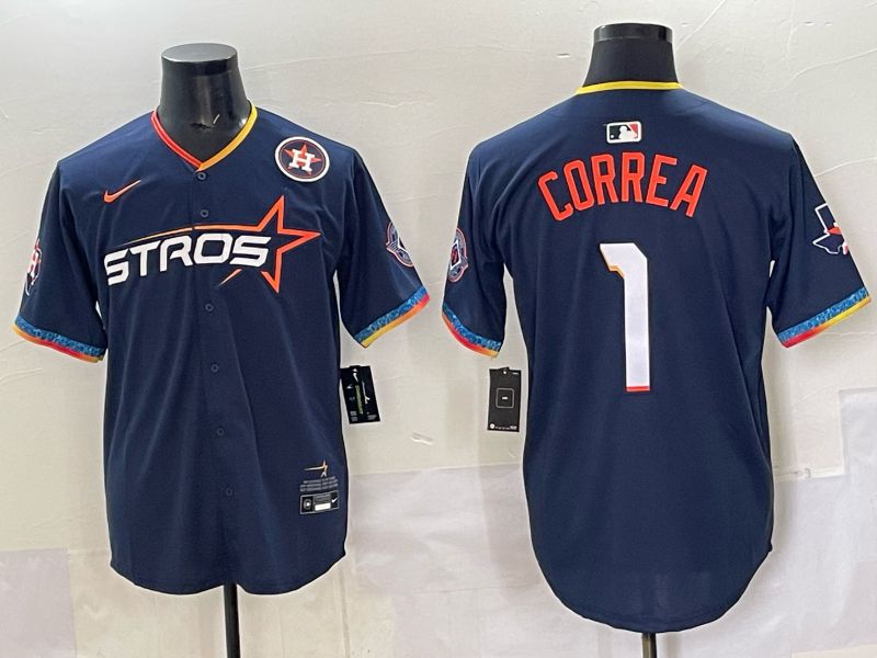 Men 2025 Houston Astros #1 Correa Blue Four generations Joint Name Nike MLB Jersey style 02->arsenal jersey->Soccer Club Jersey